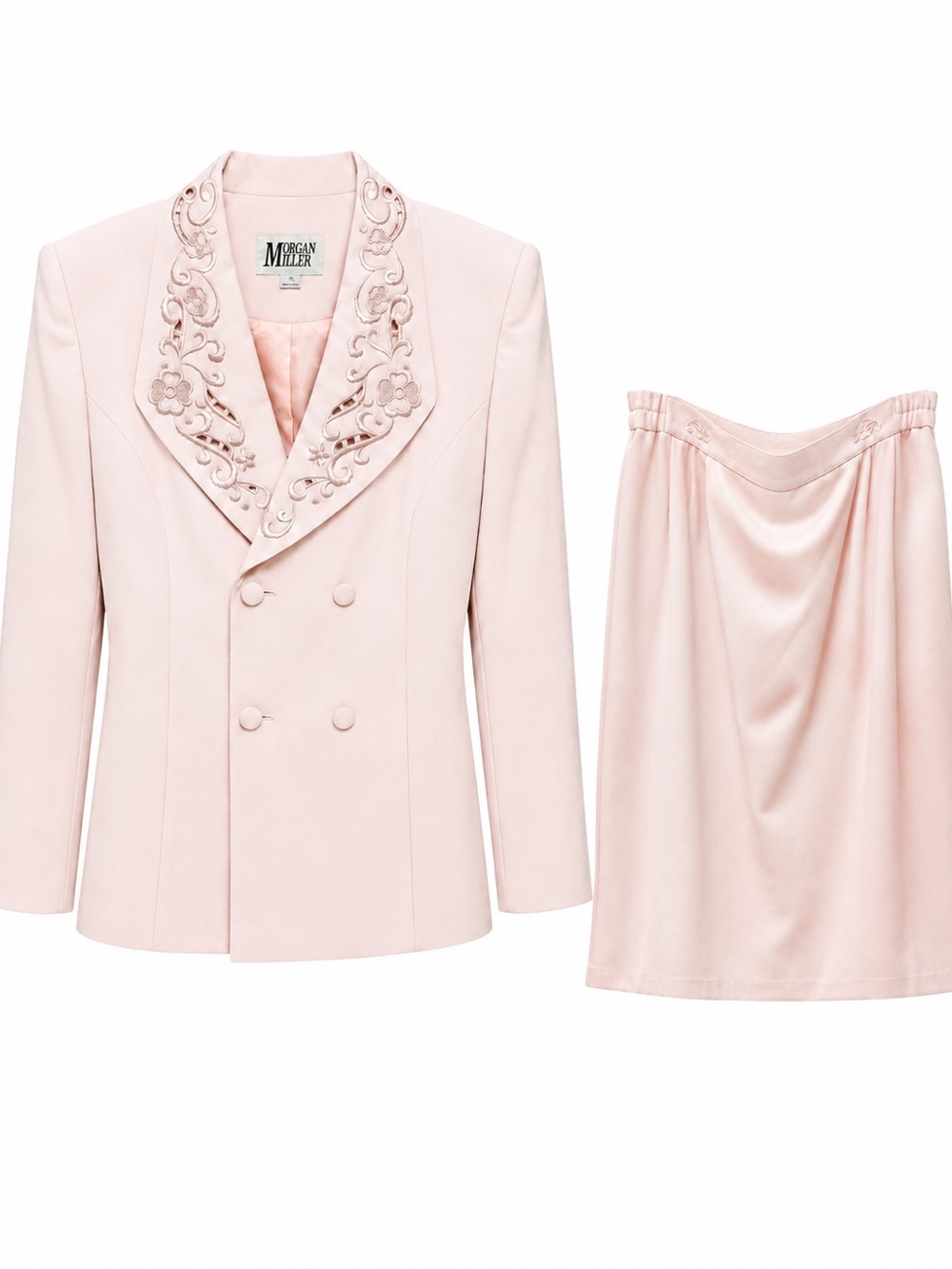 Morgan Miller Pale Blush Pink Embroidered Double-Breasted Blazer & Skirt Set